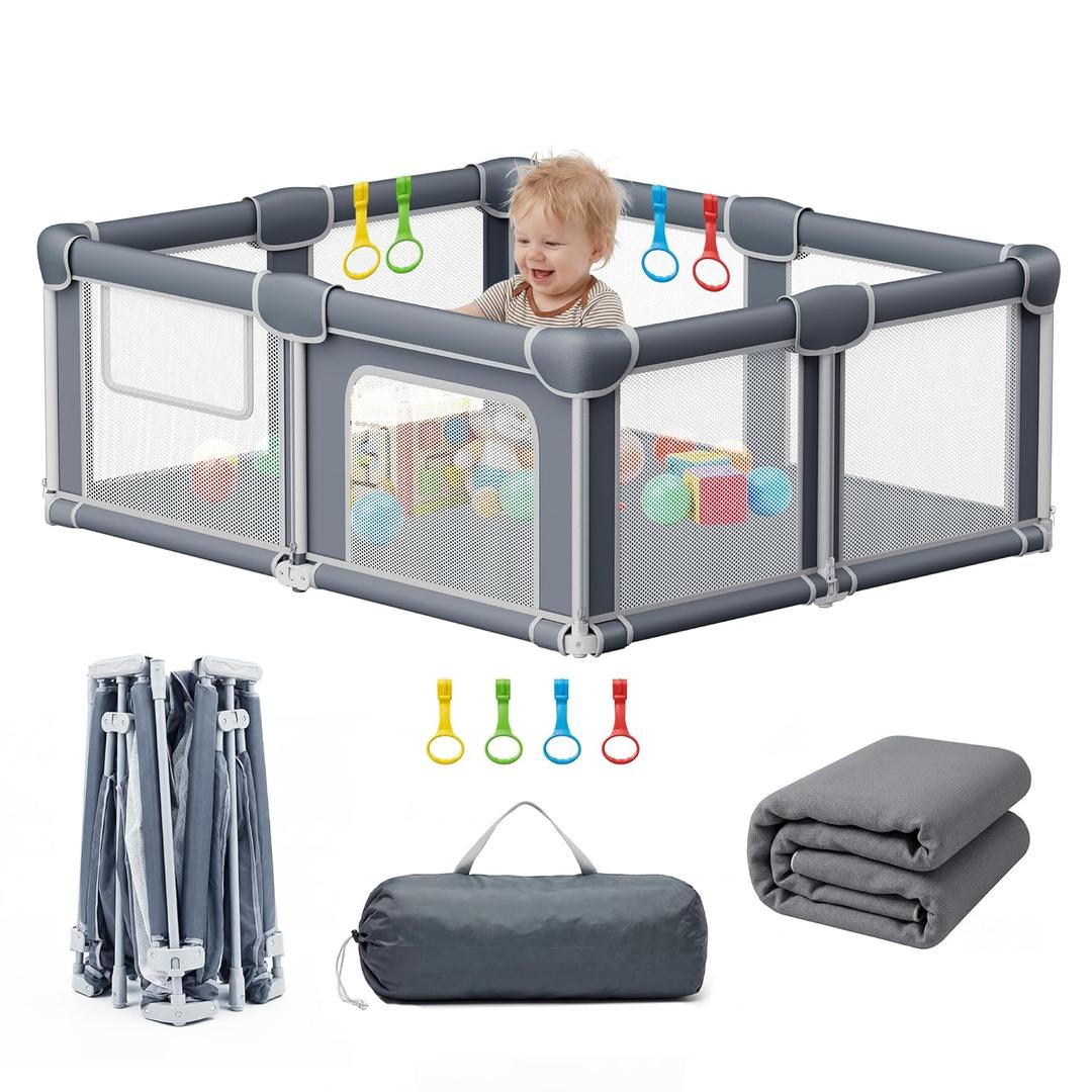 Foldable Baby Playpen with Mat, 71x59 Portable Collapsible Playpen for Babies and Toddlers, Indoor Outdoor Play Yard Fence with Visible Mesh