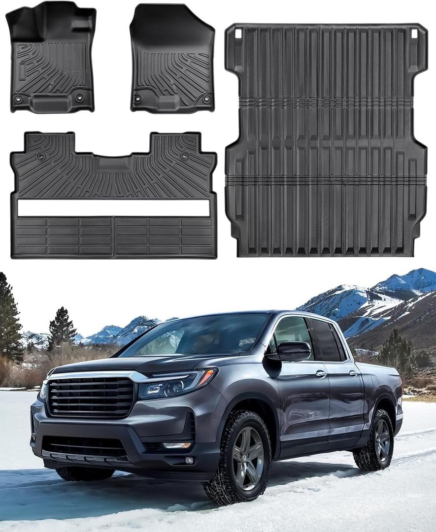 Floor Mats & 5.3FT Truck Bed Mat for Honda Ridgeline 2017-2024 2025 2026, All Weather Protector Heavy Duty TPE Rubber Waterproof Anti-Slip Tech Car Interior Accessories 2018 2019 2020 2021 2022 2023