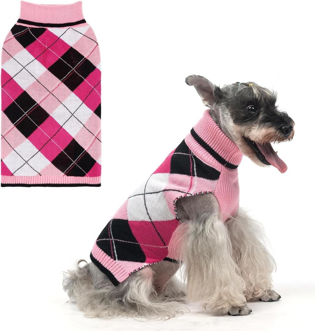 KOOLTAIL Dog Sweater Pet Knitted Clothes - Classic Plaid Pull Over Turtleneck Dog Sweaters with Leash Hole Warm Dogs Winter Clothing for Small Medium Dogs Cats Puppy SM (Small/Medium, Pink2)