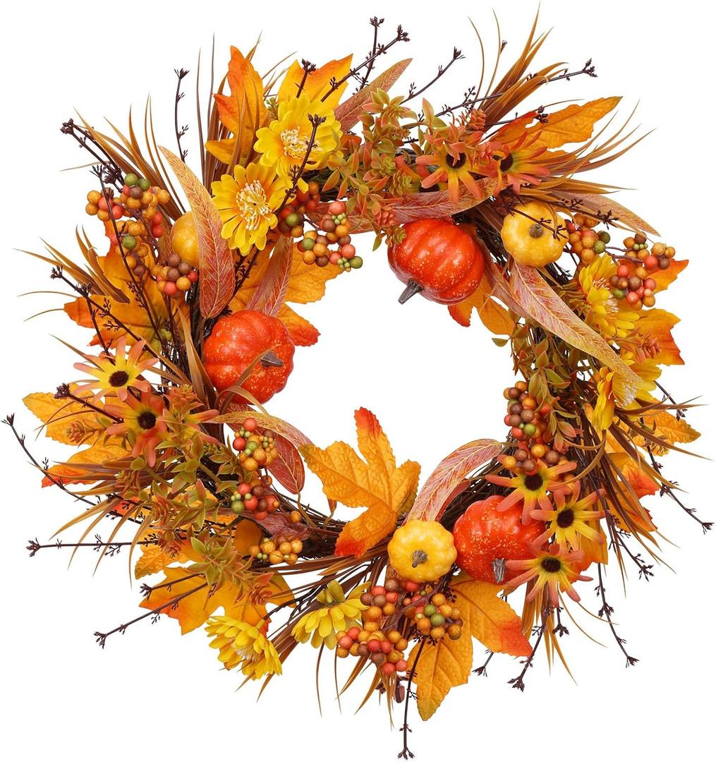 19Inch Fall Wreath, Artificial Pumpkins Maple Leaves Berry Fall Wreaths for Front Door Decor, for Home Autumn Harvest Thanksgiving Porch Outdoor Decorations. (Orange)