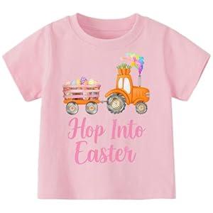 Girls Shirts Hop Into Easter Cotton Bunny Tractor T-Shirts Rabbit Eggs Carrots Casual Short Sleeve Tee Size 6-7 Pink