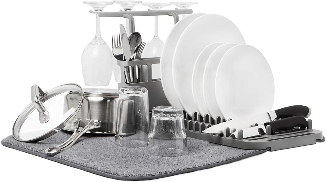 Umbra Udry Dish Rack and Microfiber Drying Mat  Space-Saving Design Folds Up for Easy Storage, Rack with Caddy, Gray (Charcoal)