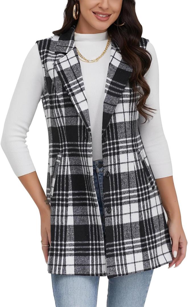 IDEALSANXUN Plaid Vest for Women Fall Winter Sleeveless Blazer Jackets (XX-Large, Black White)