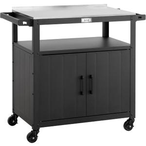 Feasto Outdoor Grill Cart with Stainless Steel Tabletop and Storage Cabinet, Movable Kitchen Island with Wheels for BBQ Food Prep, Black