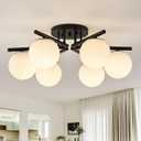 6-Light Sputnik Ceiling Light Fixture, Semi Flush Mount Ceiling Light with Milk Glass Globes, Black Mid Century Modern Chandelier for Living Room Bedroom Dining Room Hallway, 