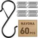 Navona 60 Pcs S Hooks for Hanging Heavy Duty, 3.5-inch Heavy Duty Metal S Hook with Safety Buckle, Suitable for 0.5 inch Rods, S Hook for Hanging Plants, Closet, Kitchen Utensil, Pot, Pan, Bags