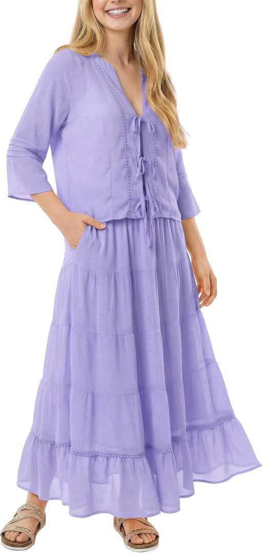 Womens 2 Piece Skirt Sets Summer Tie Front Chiffon Blouse Elastic Waist Maxi Dress Sets Vacation Outfit with Pockets (Purple, L)