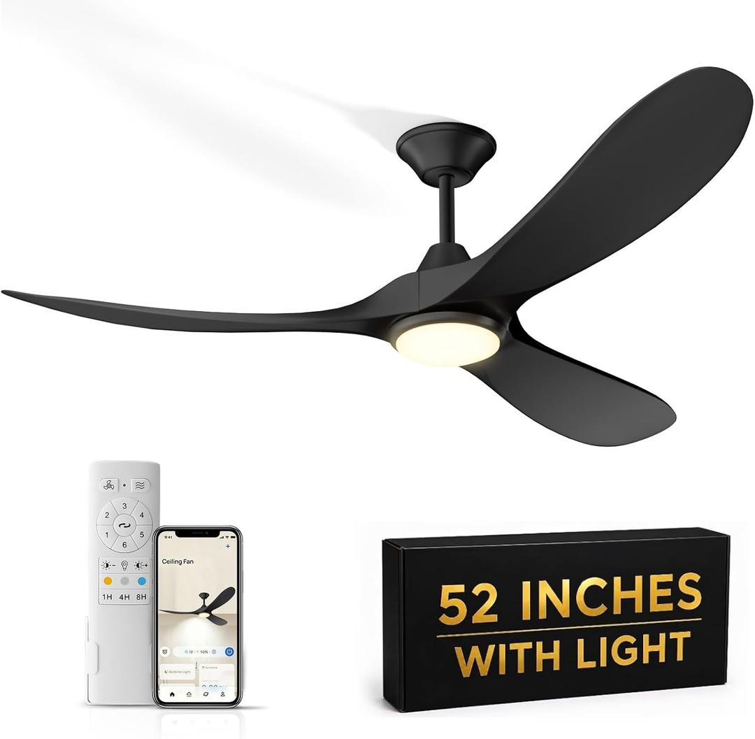 52 Inch Outdoor Ceiling Fan with Light, Quiet Reversible Fan for Patio Porch, 6-Speed Remote Control Ceiling Fan, Dimmable LED, Modern Downrod Design for Bedroom Living Room Indoor Outdoor Spaces