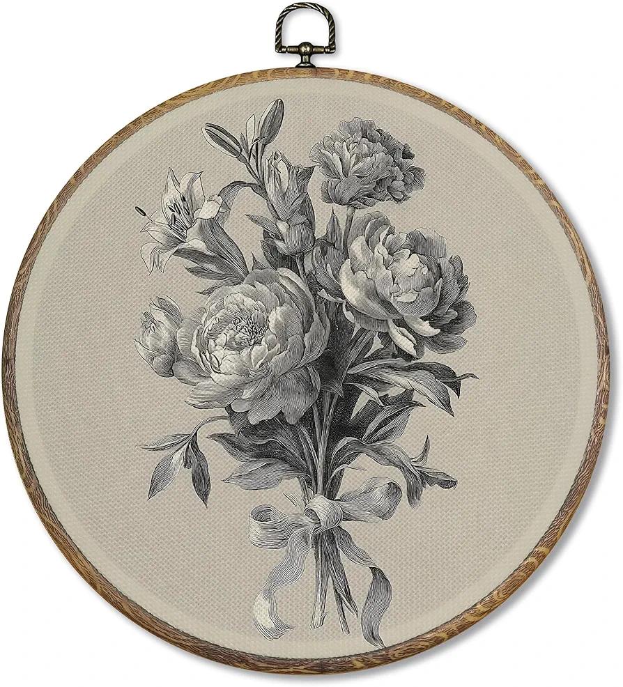 FUGWN Vintage Floral Botanical Round Wall Art Decor Framed, Cottagecore Peony Lily Carnations Flower Canvas Artwork Prints, Retro Floral Wall Hanging Decorations for Home Bedroom Room, 10x10 Inch