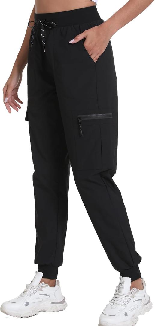 Women's Joggers with Pockets, Hiking Cargo Water Resistant Lightweight Pants for Women Workout Athletic Travel Camping (Tapered Black, Smal)