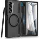 Caka for Samsung Galaxy Z Fold 6 Case [Thinner S Pen Holder Slot] [Magnetic Charging] [Hinge Protection] [Built-in Screen Protector] Translucent Hard Shockproof Magnet Phone Cover for Zfold 6 - Black