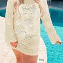 Beautife Womens Plus Size Swimsuit Cover Up Crochet Long Sleeve Mesh Knit Crew Neck Beach Coverup Dress (Beige)