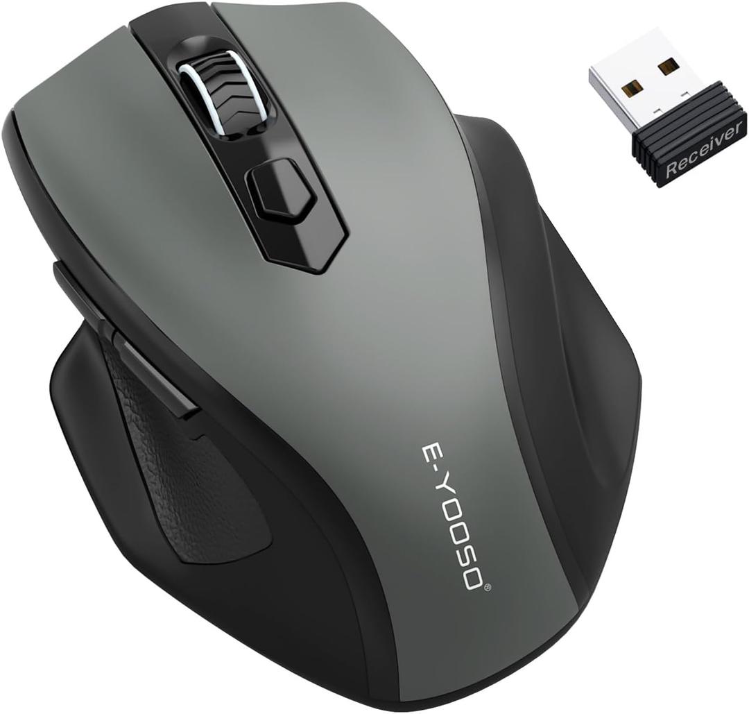 E-YOOSO Wireless Mouse, 2.4G USB Computer Mouse with 5 Levels 4000 DPI, 18 Months Battery Life, Ergonomic Grips, 6 Buttons Large Optical Mouse for Laptop, Mac, PC, Chromebook, Notebook (Gray)