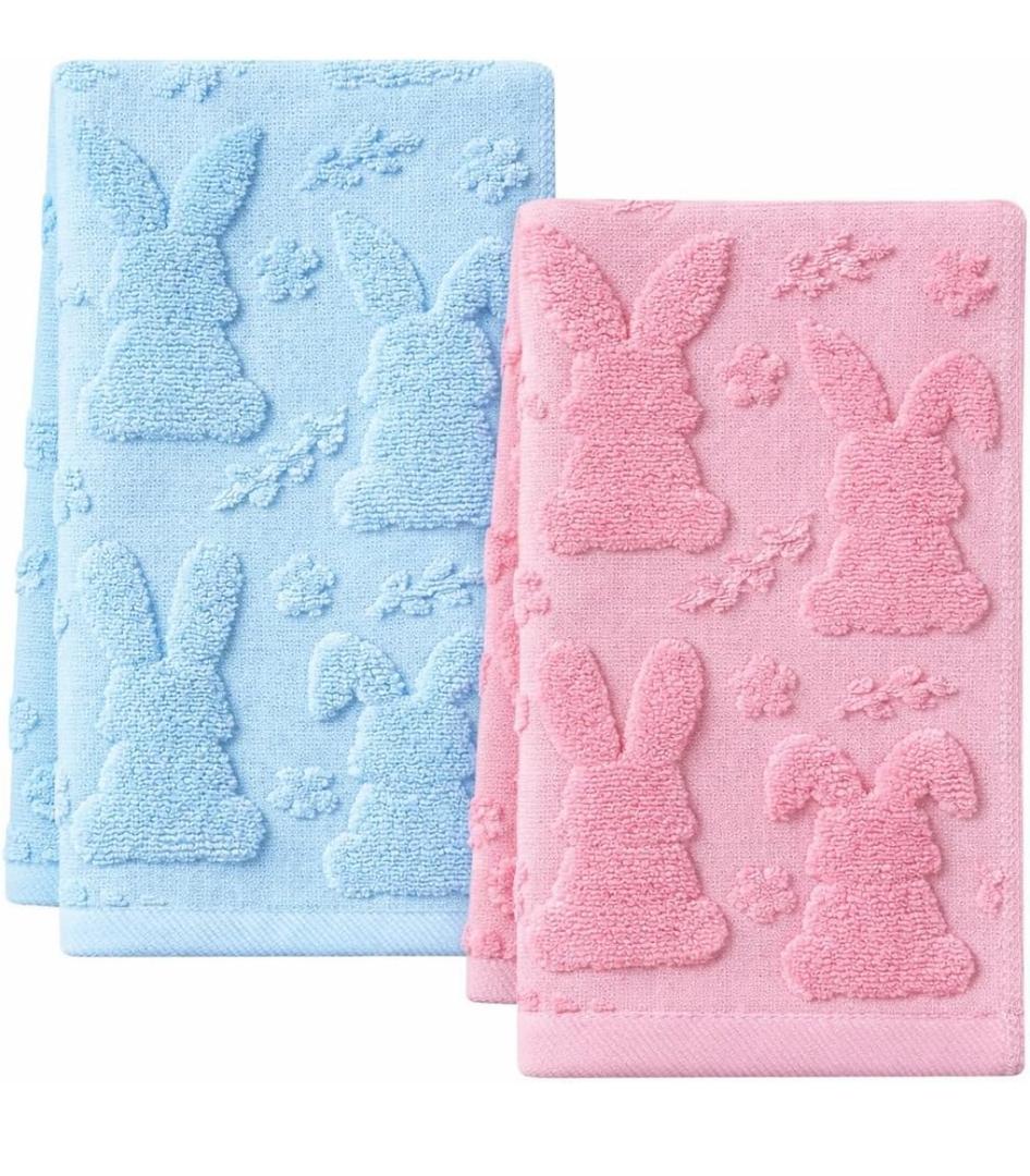 Shemilly 2pcs Easter Hand Towels Set Pink Blue Bunny Floral Jacquard Towel for Bath 100% Cotton Soft Bathroom Kitchen Decorative for Easter Spring Summer Holiday Decor Gift,14 x 29 Inch