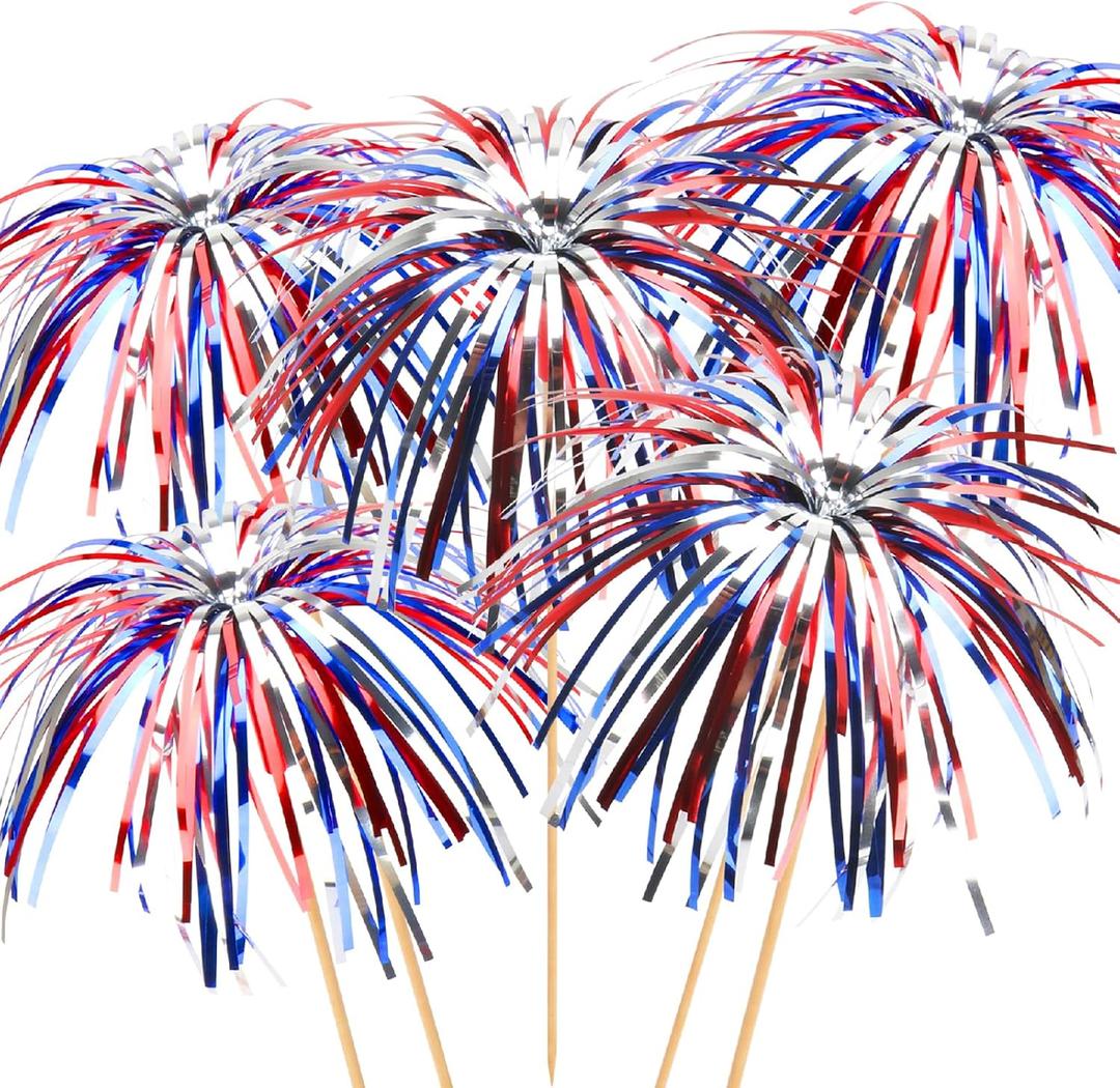 100PCS 4th of July Cocktail Picks, 6 IN Firework Toothpicks for Appetizers, Red White Blue Bamboo Skewers Drink Sticks, Cupcake Toppers Independence Memorial Day Decorations Patriotic Party Supplies