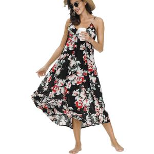 BUENOS NINOS Women's V Neck Floral Maxi Dress Boho Printed Adjustable Spaghetti Strap Ethnic Beach Long Dress with Pockets (Small, Black Flower Dress)