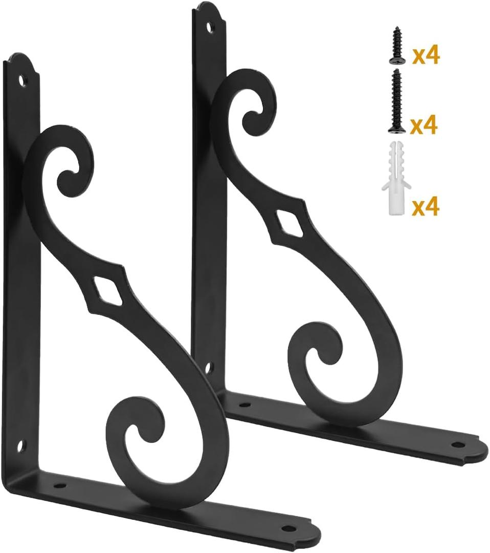 Yarssihha 10 Inch Decorative Shelf Brackets, 2 Pack Wall Mounted Metal Shelving Brackets, Heavy Duty Shelf Supports, Rustic L Shape Brackets for Floating Shelves DIY Home Kitchen, with Screws