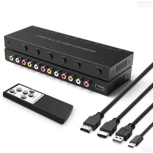 4Port AV to HDMI Converter, 4Port AV to HDMI Switcher with IR Remote, Support 16:9/4:3 and Quick Switch Compatible with WII/N64/SNES/Xbox/PS1/PS2/PS3/VHS/VCR/DVD Players etc.(4AV In-1HDMI Out)