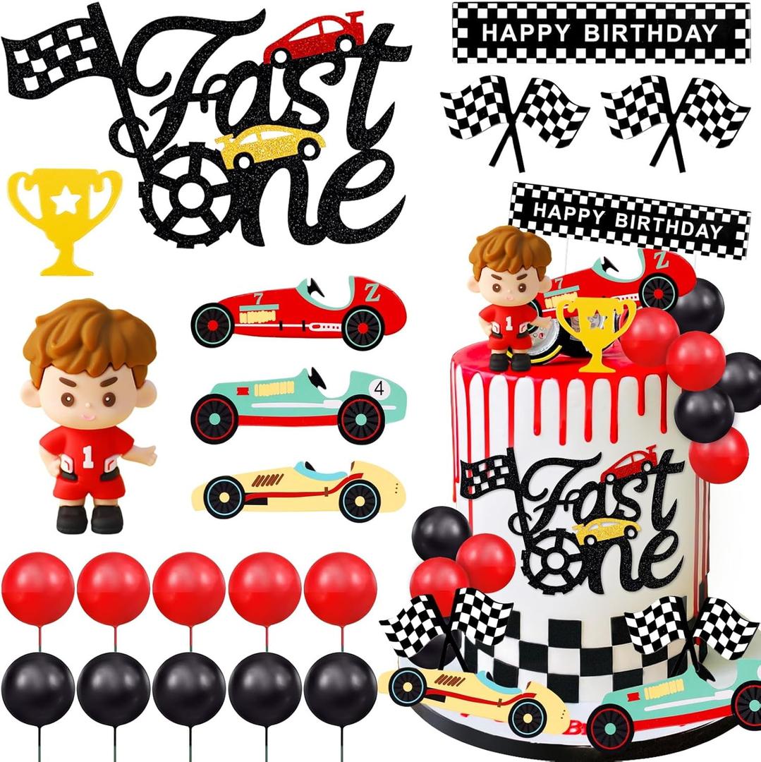 MEMOVAN Race Car Cake Topper Red Black Balls Cake Toppers Fast One Cake Decorations 1st Birthday Cake for Boy's Kids Racing Car Checkered Flag Themed BirthdayParty Favors