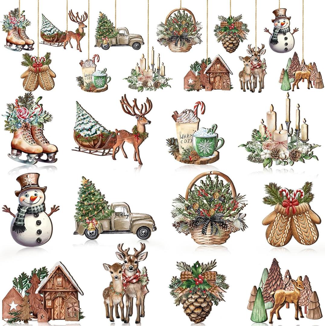 36 Pieces Wooden Christmas Decorative Ornaments Bulk for Tree Retro Christmas Hanging Ornaments Xmas Pine Cone Elk Truck Snowman Gingerbread House Home Hanging Signs with Rope for Party Decor