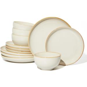 Stoneware Dinnerware Sets, Ceramic Plates and Bowls Set, Microwave & Dishwasher Safe Kitchen Dishes, Modern Dinner Salad Plates | Cereal Bowls, Dishware Sets Service for 4 Yellow White