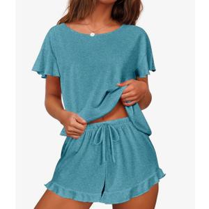 Ekouaer Women's Pajama Set Ruffle Sleeves Top and Short Soft 2 Piece Loungewear Set, Small