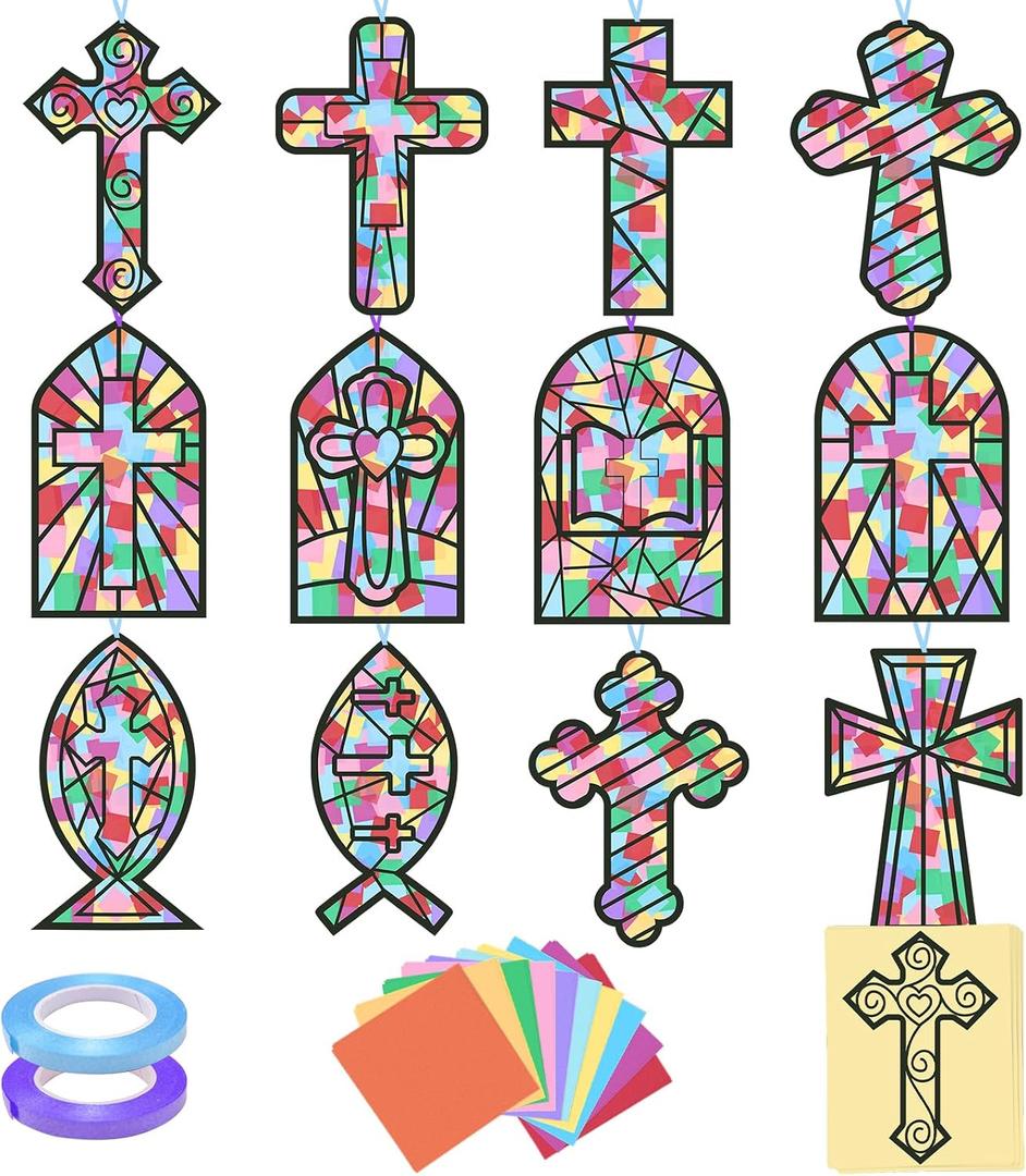 36 Pcs Religious Cross Suncatchers Craft DIY Religious Window Stained Glass Tissue Paper Arts Crafts for VBS Christian Home Sunday School Classroom Easter Spring Window Art Party Favor Decor