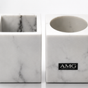 AMG Bath Collection Marble Bathroom Accessories Set – 2-Piece Marble Holder Set, Square and Round Toothbrush Tumbler Holders for Bathroom Countertop, White Marble Finish