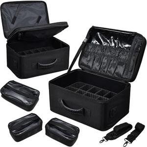 Costravio Makeup Bag Organizer Large Makeup Case Backpack Professional 2 Layers Cosmetic Storage Organizer Brush Slot with 3 Clear Set Bags for Makeup Artists with Shoulder Strap Adjustable Dividers