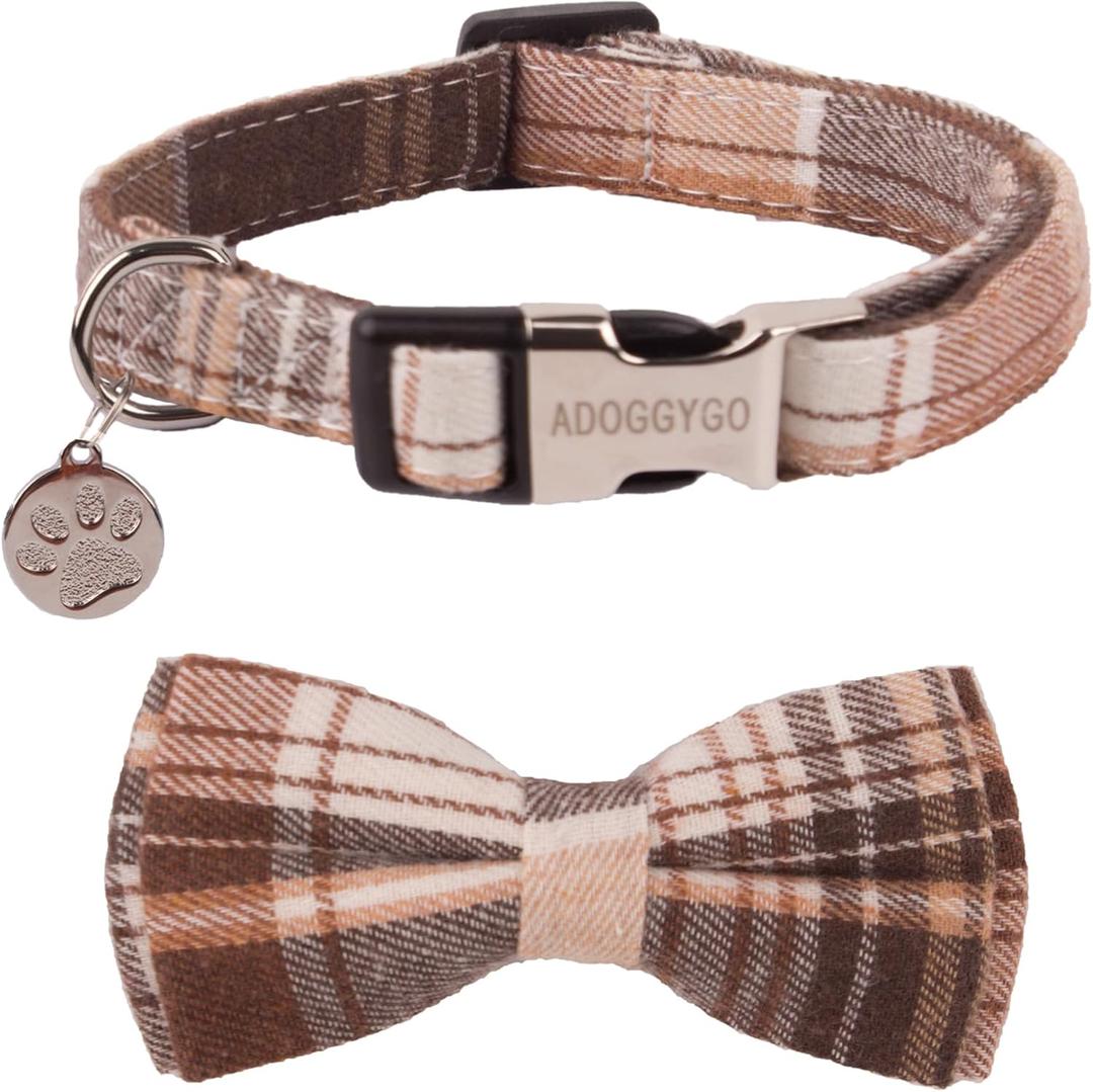 ADOGGYGO Soft Dog Collar, Brown Plaid Pet Collar with Detachable Bow Tie Adjustable Plaid Bowtie Collars for Small Medium Large Dogs Pets (Large)