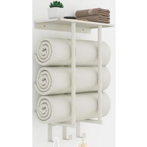 Towel Rack with Shelf and 3 Hooks, Bethom Towel Holders for Bathroom Wall Mounted, Metal White Towel Racks can Hold 3 Large Bath Sheets Blanket (Round Tube, White)