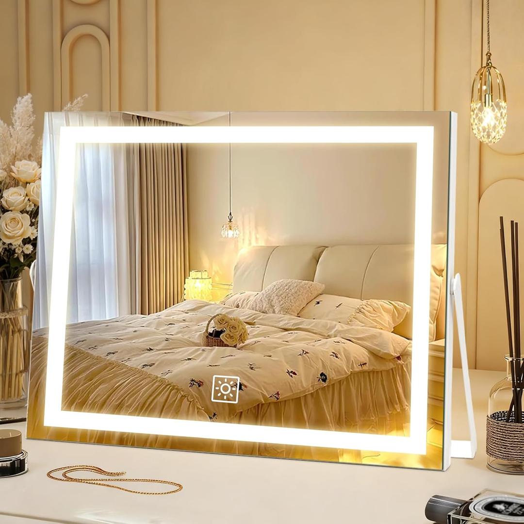 14 Inch LED Vanity Makeup Mirror with Lights, Gifts for Mom Mothers Day, Large Metal Frame Lighted Tabletop Mirror with 3 Color Dimmable Touch Control, 360 Rotation