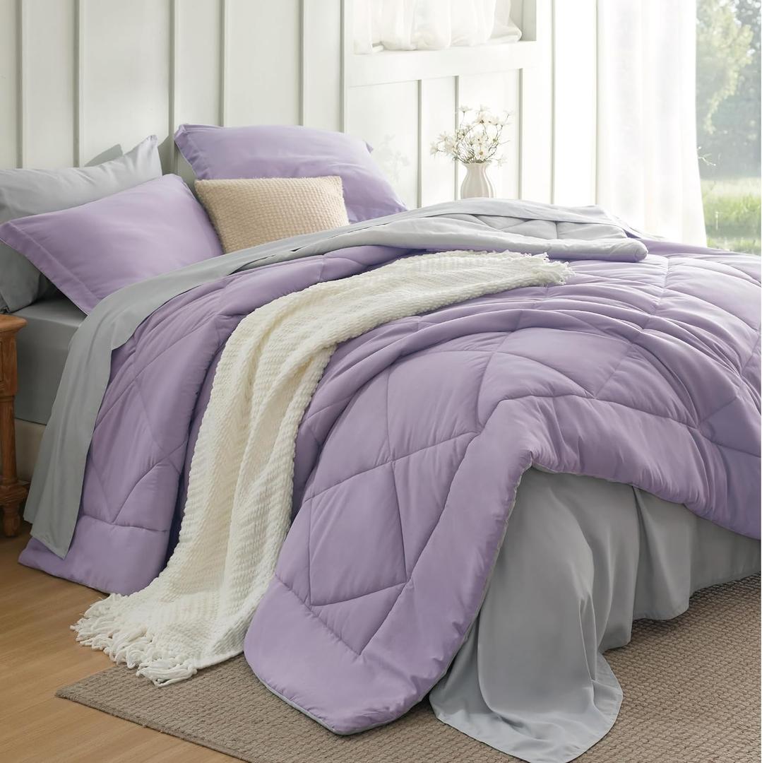 Bedsure Full Size Comforter Set - 7 Pieces Reversible Light Purple Bedding, Full Size Bed Set for All Seasons, Bed in a Bag with Down Alternative Comforter, Sheets, Pillowcases & Shams