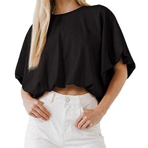 Women's Crewneck Crop Tops Short Sleeve Casual Loose Cropped T Shirts (Black, Small)