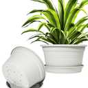 Large Flower Pots 4-Pack, Grey Plastic Planters with Drainage Hole & Tray, Indoor Outdoor Modern Plant Pots for House Plants, Garden, Patio, Office Home Decor