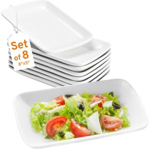 Bruntmor White Rectangular Platter Plates Set of 8 - Ceramic Serving Dishes - 8'' White Plates Serving Tray for Dessert Appetizer, Salad - Microwave Oven Safe - Perfect for Dinner and Party Buffet