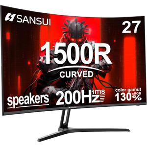 SANSUI 27 Inch Curved Gaming Monitor 200Hz 1ms with Speakers FHD 1080P Computer Monitor FreeSync|1500R|130% sRGB|HDR|Low Blue Light|HDMI DP Ports|VESA Mount|Metal Stand(HDMI Cable Incl.)