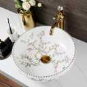 Flower and Bird Pattern 16"Bathroom White Ceramic Vessel Sink with Faucet and Drain Combo White Round Vessel Sink Bowl Hand Painted Porcelain Bathroom Sink Above Counter, Large