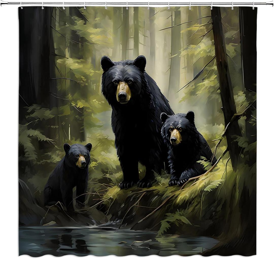 Black Bear Shower Curtain Rustic Green Forest Cabin Wildlife Animal Family Hunting Lodge Country Camping Farmhouse Bathroom Curtain Set with Hooks(70" WX70 H)