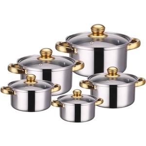 Stainless Steel Cookware Set, 10-Piece, Gold Handles, Glass Lids