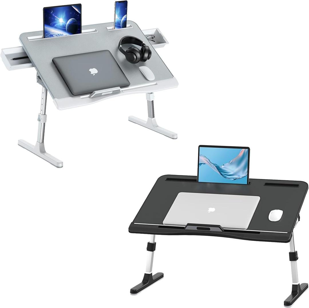 Foldable Laptop Bed Tray Desk, Adjustable Laptop Bed Table with Heights and Angles, Upgraded-Sturdy Laptop Lap Desk for Bed/Sofa/Couch/Floor, laptop bed stand (Grey - XL, Black - L)