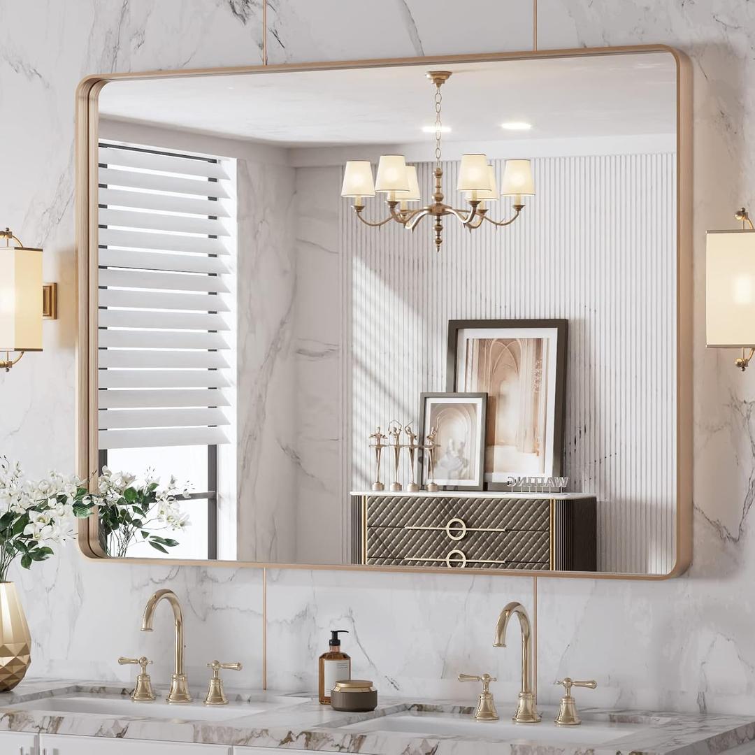 LOAAO 40X30 Gold Bathroom Mirror, Rounded Rectangle Gold Frame Mirror, Brushed Gold Bathroom Vanity Mirror Wall-Mounted, Anti-Rust, Tempered Glass, Hangs Horizontally or Vertically