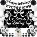 Roetyce Black Bow Birthday Decorations, Happy Birthday Banner Balloons Hanging Swirls Cake Topper Kit, Bow Tie Themed Party Photo Background Backdrop for Women Girls, Back drop only