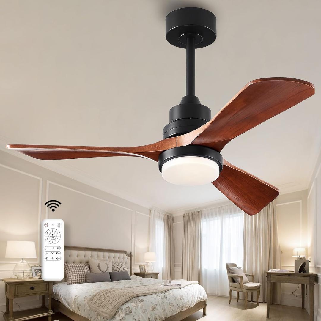 42 inch Wood Ceiling Fans with Lights and Remote, Upgraded Dimmable, Quiet Reversible DC Motor, 3 Blades 6 Speeds Black Ceiling Fan for Farmhouse Living Room Bedroom Dining Room Workroom Study (42 inch, Black Walnut)