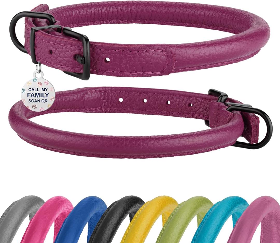 Rolled Leather Dog Collar Soft Round Collars, ID Tag for Small Medium Large Dogs (11-14 inch, Pink Berry)