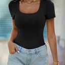ANRABESS Womens Short Sleeve Tops Built in Bra Summer T Shirts Scoop Neck Ribbed Knit Fitted Basic Tee Casual Going Out Top (Black, L)
