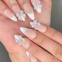 French Tip Press on Nails Medium Almond Fake Nails White Bow False Nails Glossy Pearl Acrylic Nails with Designs Bow Charm Artificial Nails Glue on Nails for Women Girls Manicure Art (Style 12)