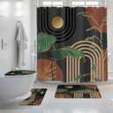 Glawry 4Pcs Boho Shower Curtain Sets 72Wx72L, Non-Slip Rugs, Toilet Lid Cover and U-Shaped Mat, Dark Green Modern Bathroom Sets with Rugs Shower Accessories with 12 Hooks for Bathroom Decor