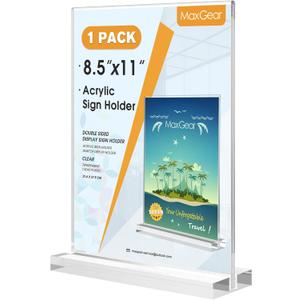 MaxGear Acrylic Sign Holder 8.5 X 11 Inches 1 Pack, Double Sided Plastic Display Stands Table Top Acrylic Frame, Clear Paper Holder Menu Flyer Stand for Stores, Restaurants, Hotels, Office