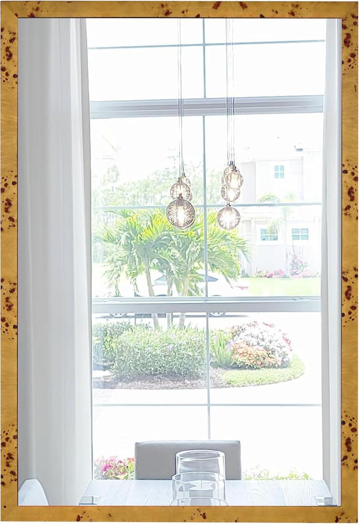 Wood Mirrors for Bathroom Over Sink 24x36 Inch, Rustic Wooden Framed Vanity Wall Mirror with Tempered Glass Farmhouse Bathroom & Entryway Decor (Light Brown)